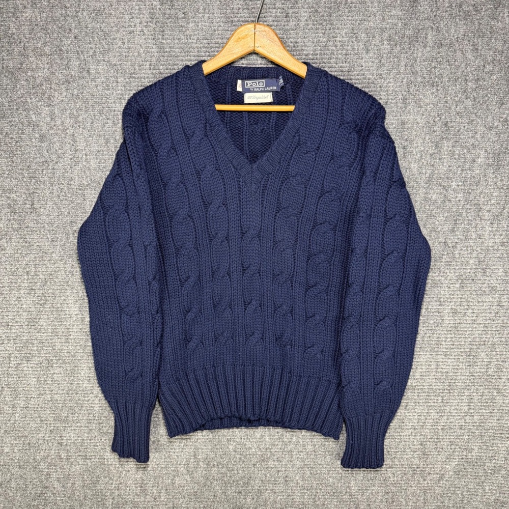 Polo Ralph Lauren Vintage Navy Blue Cable Knit Virgin Wool V-Neck Sweater 42